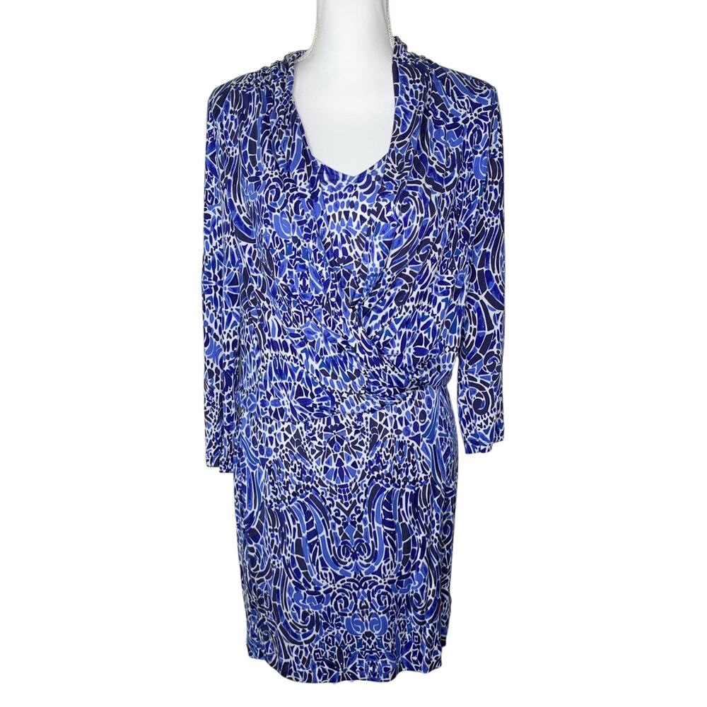 Lilly Pulitzer Silk Blue White Mosaic Print Faux Wrap Dress M
